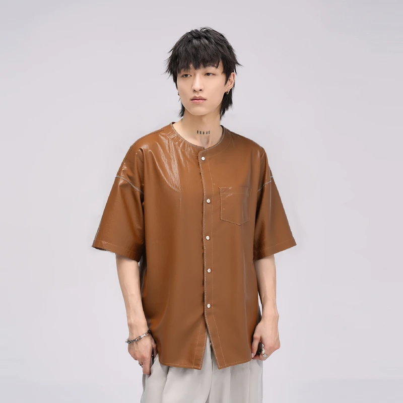 HERBEL/黑白 短袖衬衫25年夏季男式经典圆领纯色口袋宽松休闲上衣