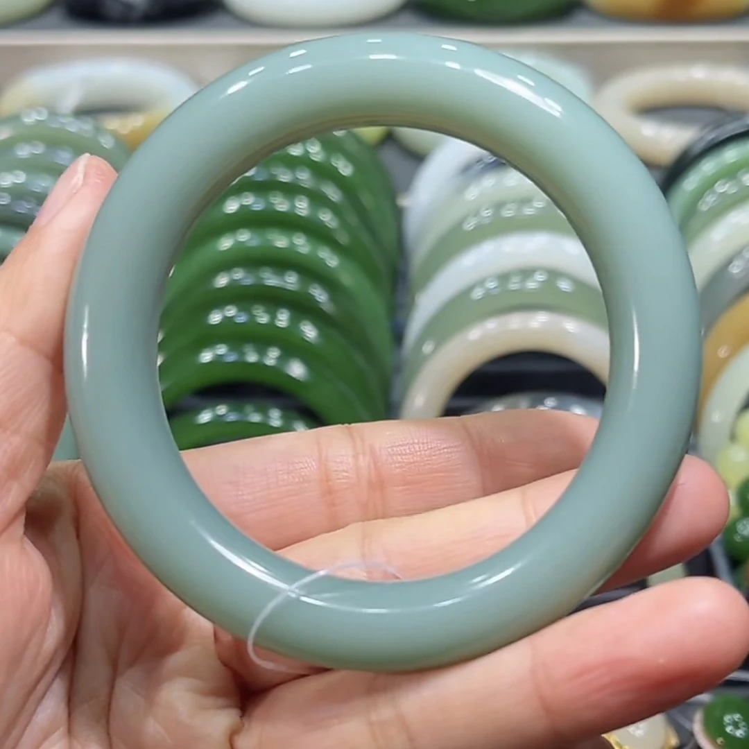 色标！和田玉俄料碧玉鸭蛋青瓷蓝手镯54-55圈口