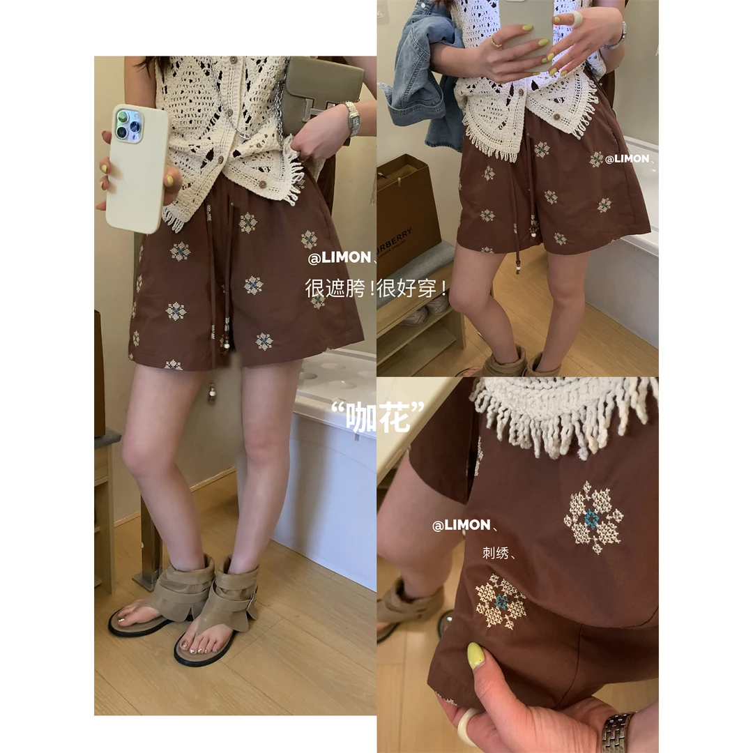 美树【柠檬绿茶】遮胯好穿！复古设计感刺绣松弛感休闲短裤  8711#