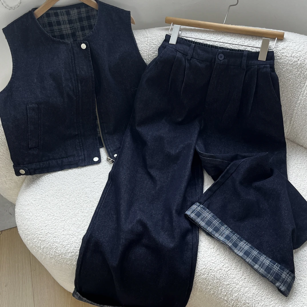 8A13早秋新款韩版时尚马甲搭配高腰宽松阔腿裤女休闲套装