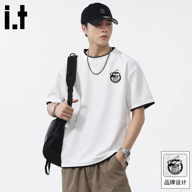 it:CHOCOOLATE假两件短袖t恤男士夏季新款宽松休闲华夫格半袖上衣