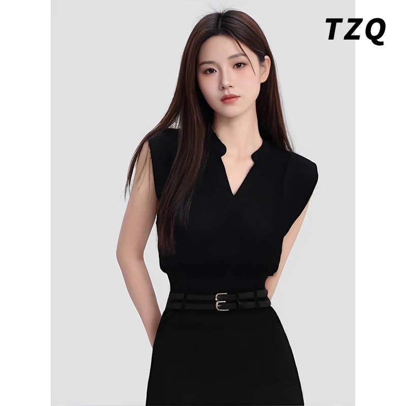黑色v领正肩短袖t恤女秋季2025新款短款小个子无袖上衣TZQ2551928