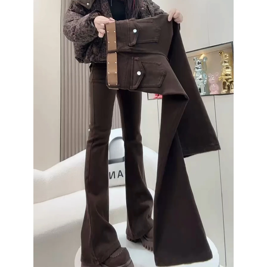 加绒加厚弹力微喇牛仔裤女2025秋冬新款高腰修身遮肉显瘦马蹄裤子