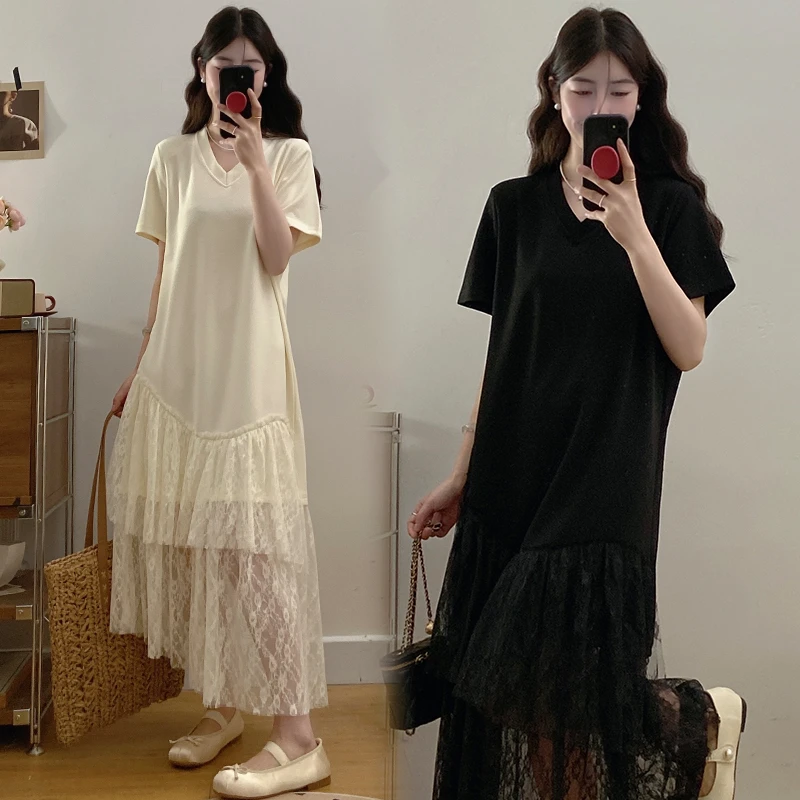 2025新款大码夏装拼接蕾丝孕妇连衣裙气质时尚显瘦中长款辣妈裙子