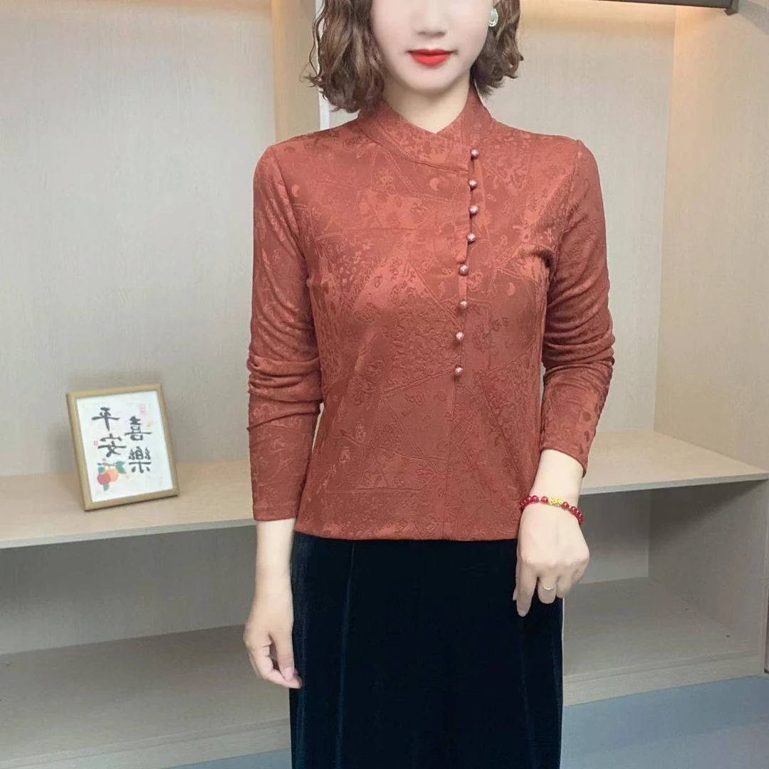 2025秋季新款时尚提花复古盘扣设计感气质显瘦长袖上衣K658