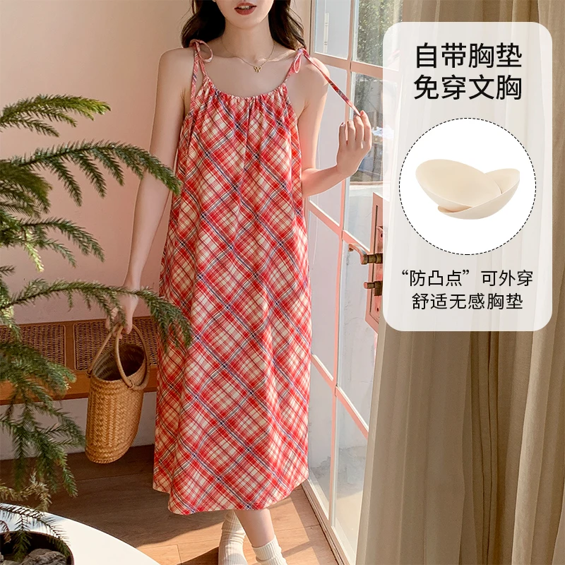 夏季睡裙女吊带带胸垫睡衣女士2025新款宽松薄款大码家居服可外穿