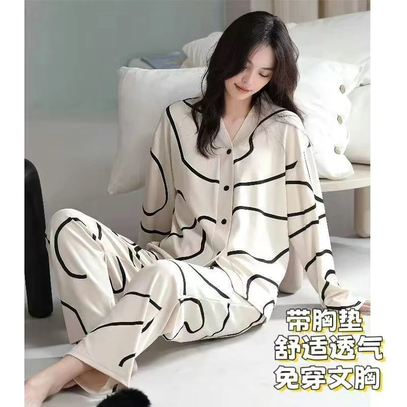 2025年春秋款带胸垫一体式睡衣女长袖开衫套装家居服女大码可外穿