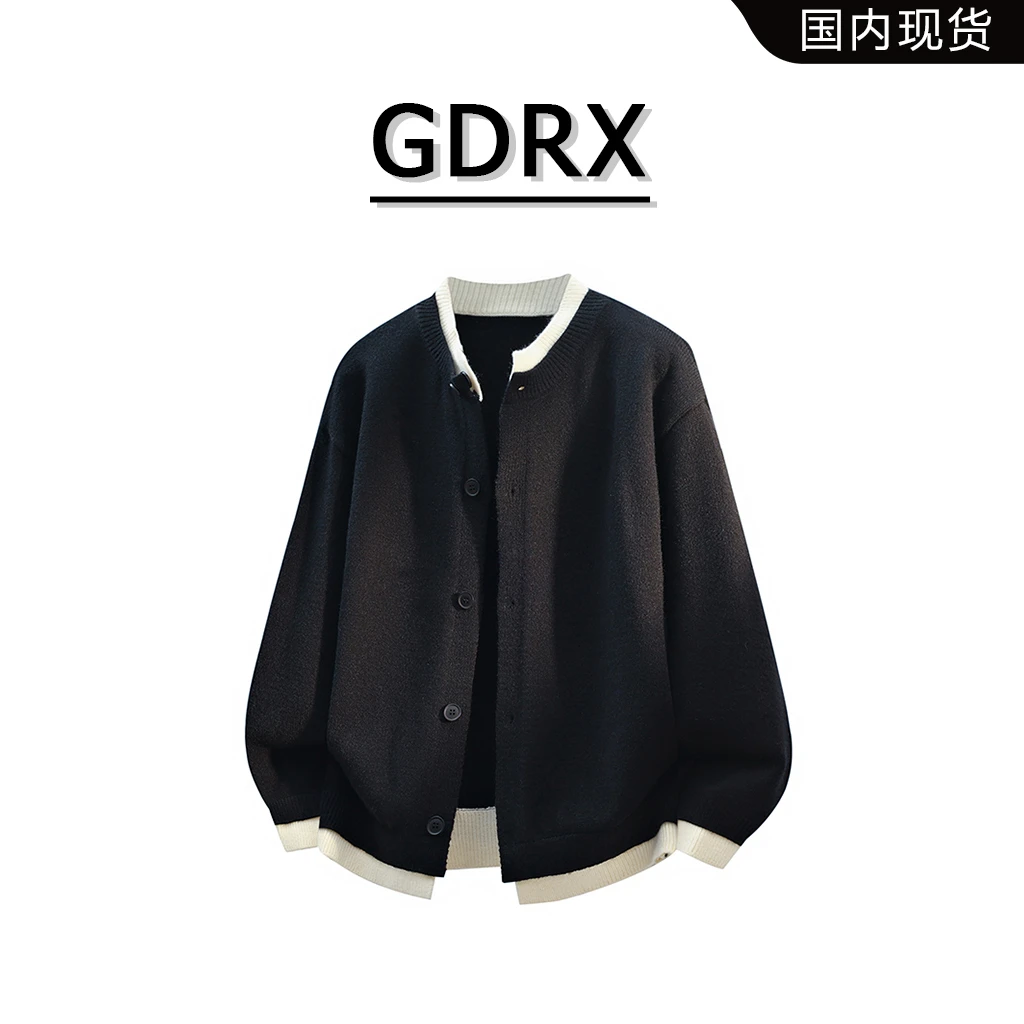 GDRX港风复古假两件男款毛衣2025秋季新款针织休闲开衫上衣外套