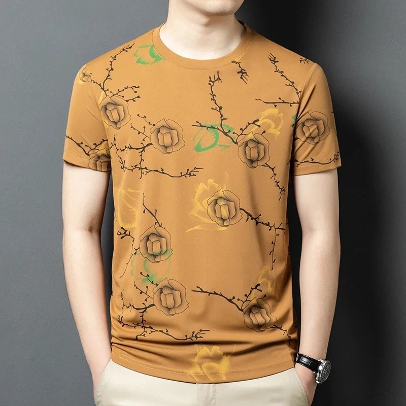 2025夏季高档冰丝印花薄款T恤男时尚潮流凉感上衣