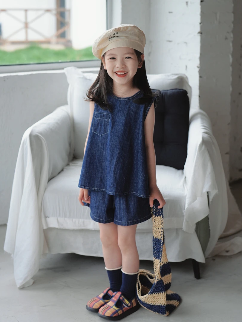 女童学院风套装2025夏季新款儿童百搭牛仔休闲短裤两件套潮