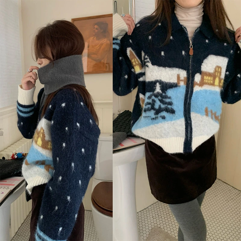 Miss sumeyY3658自制冬季费尔岛雪景毛衣翻领拉链针织开衫外套