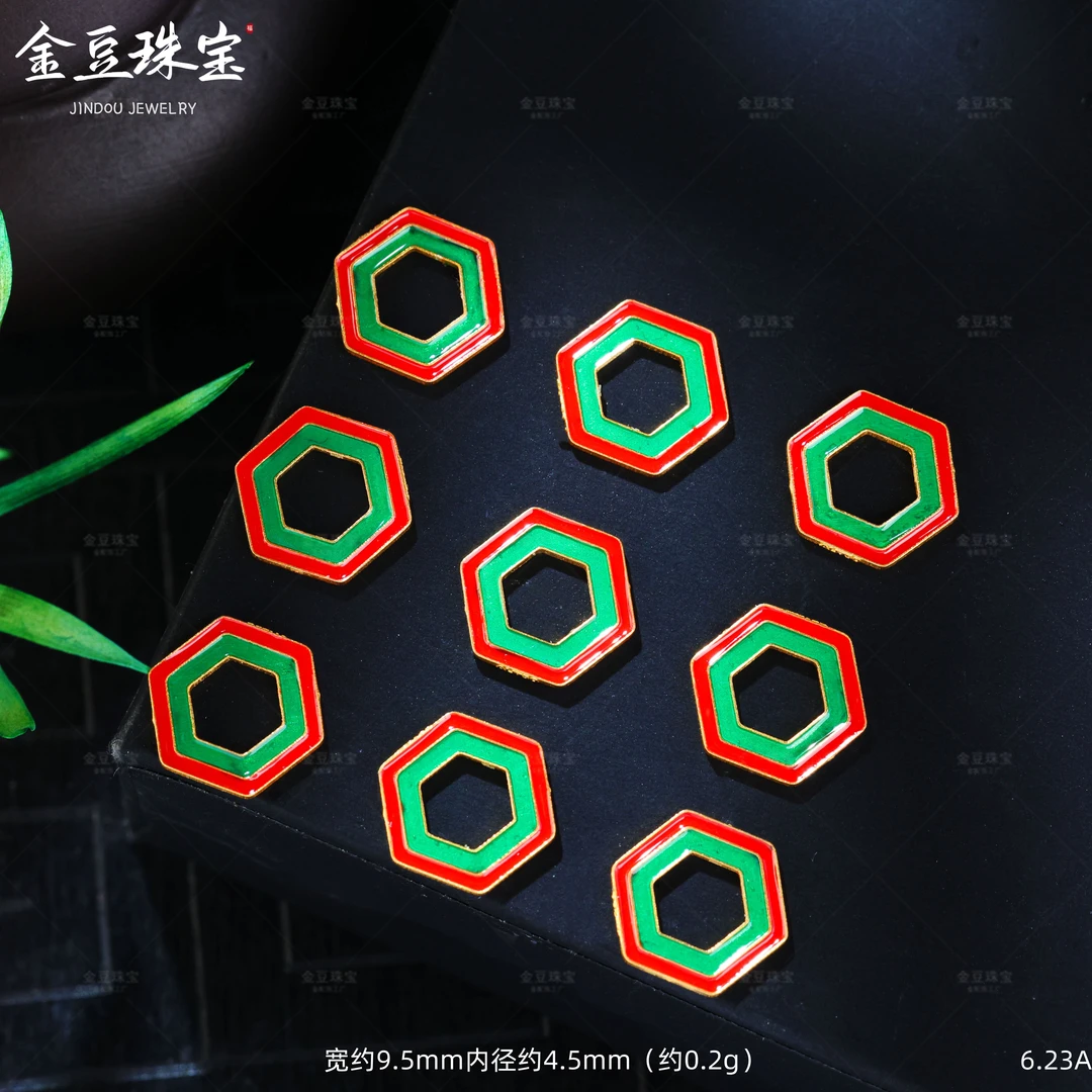 【金豆】18K实心金高温烧蓝魔方卡环跑环六边形隔片大孔甜甜圈A