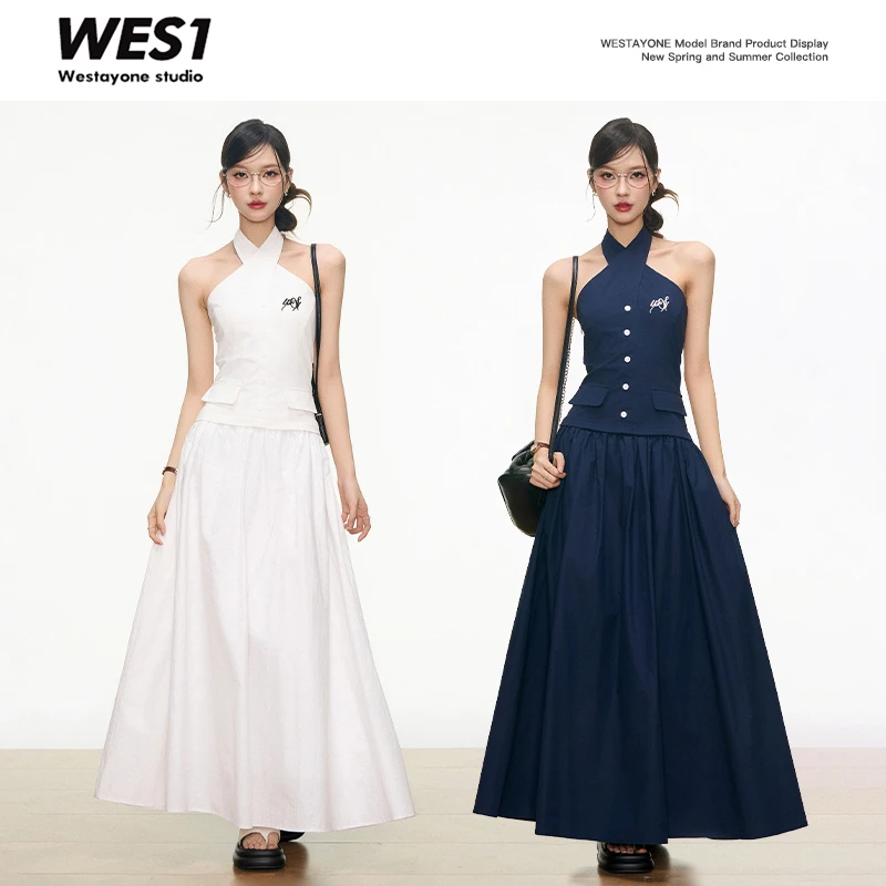 【新品1】WESTAYONE夏季交叉挂脖连衣裙女气质吊带收腰裙子