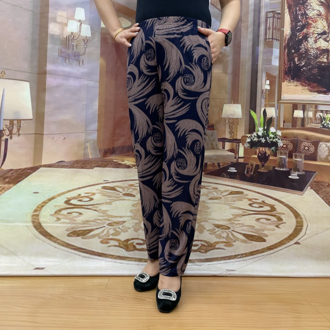 夏季中老年女裤高腰妈妈花长裤美人条花裤子女大码中老年女裤潮潮