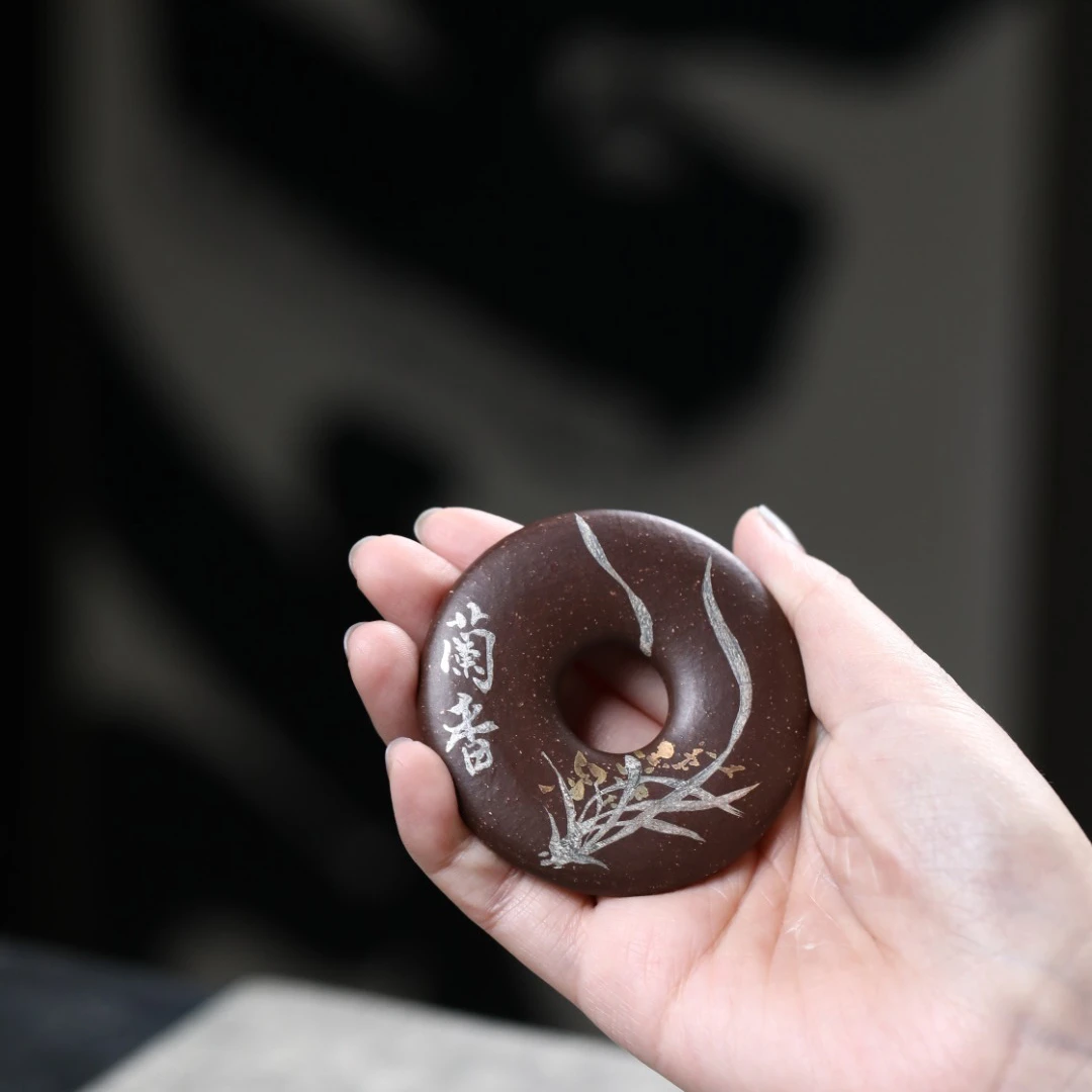 宜兴紫砂手工平安扣描金银兰花高端茶玩盖置经典礼品茶道茶道装饰