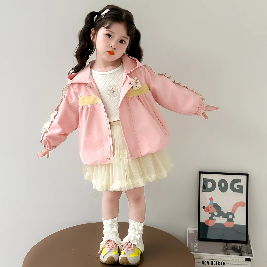 女童外套秋季新款3-6岁2儿童洋气花边连帽上衣女宝宝秋装时尚夹克