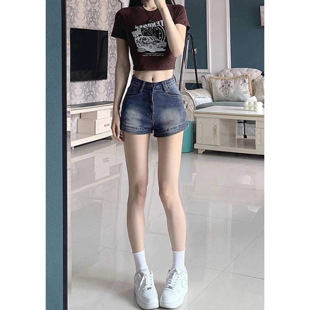 复古流行美式辣妹复古做旧修身显瘦弹力2025夏季新款高腰牛仔短裤