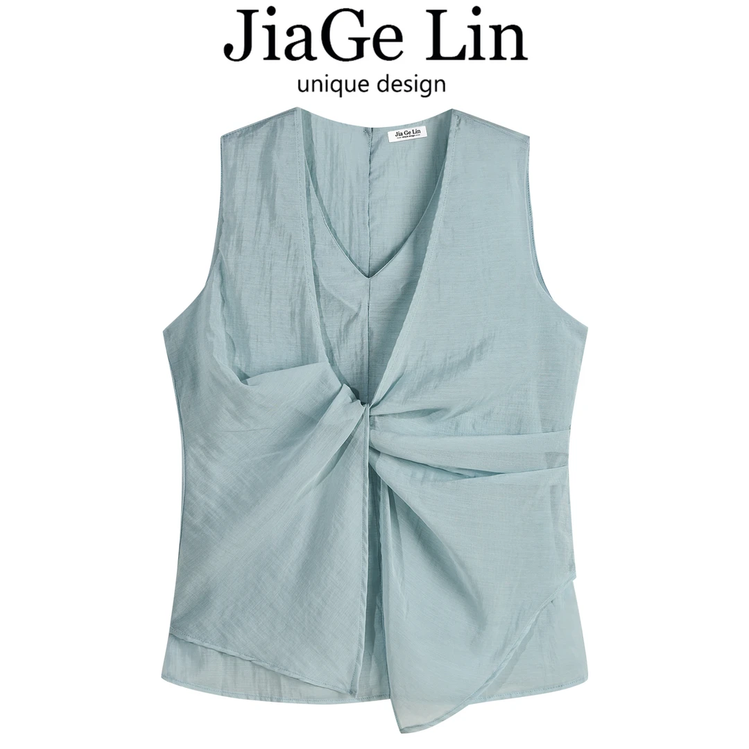 JiaGeLin韩系简约设计感V领无袖衬衫纯色小衫女夏季别致扭结上衣