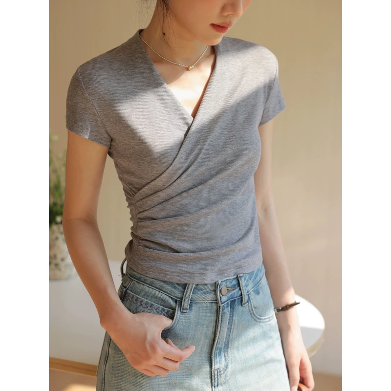 瞌睡兔莱赛尔交叉领短袖T恤女夏季修身显瘦设计感上衣259343