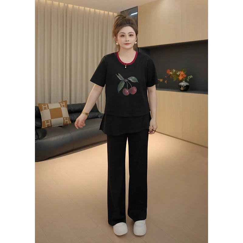 【胖佳佳】现货~樱桃慕斯 短袖T恤长裤两件套H625Y12558/H625K12559