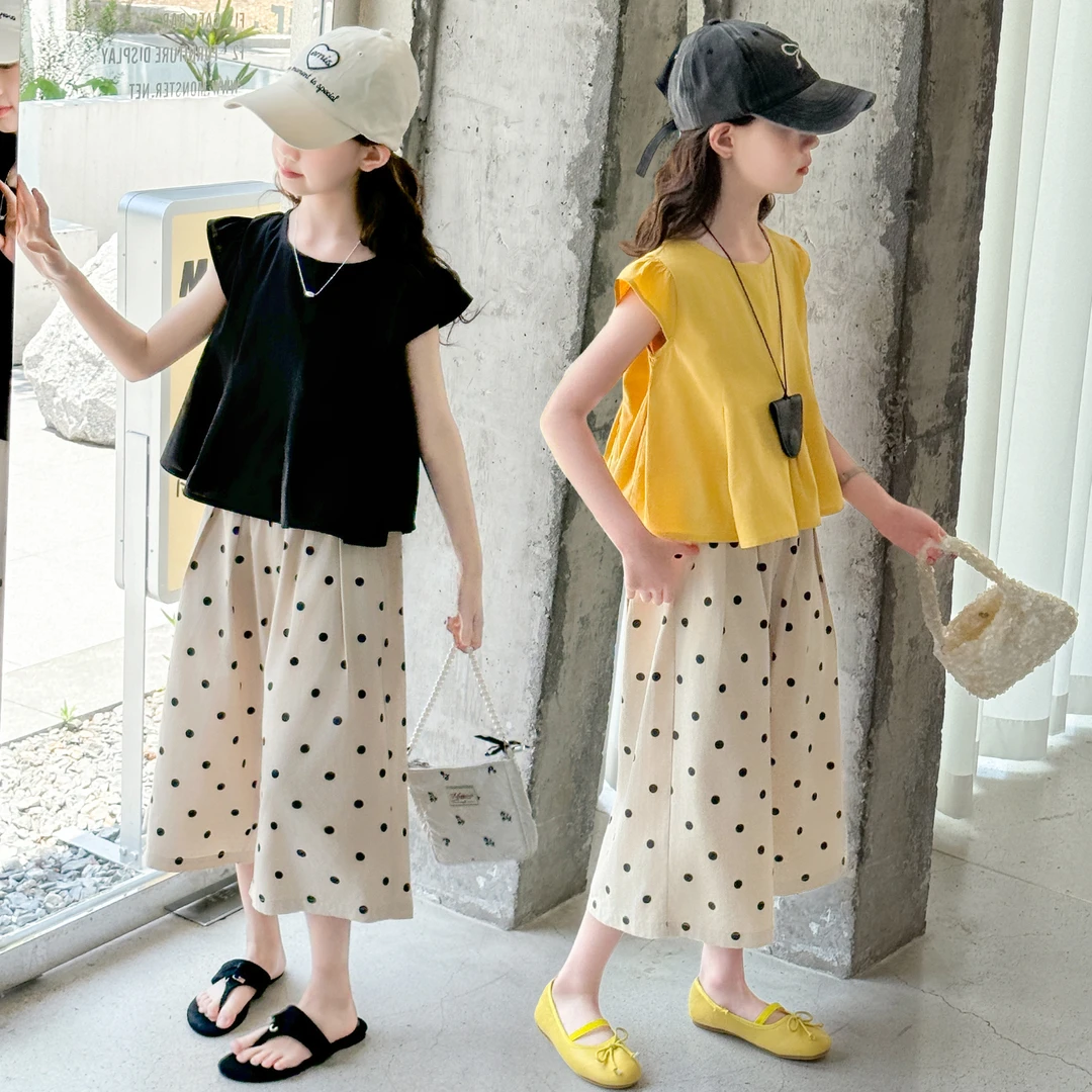 女童夏季套装2025新款儿童洋气时髦薄款夏装大童飞袖娃娃衫两件套