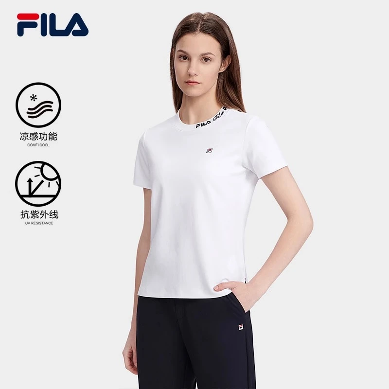 斐乐FILA女子T恤休闲针织双面提花短袖衫冰丝运动上衣F11W321103F