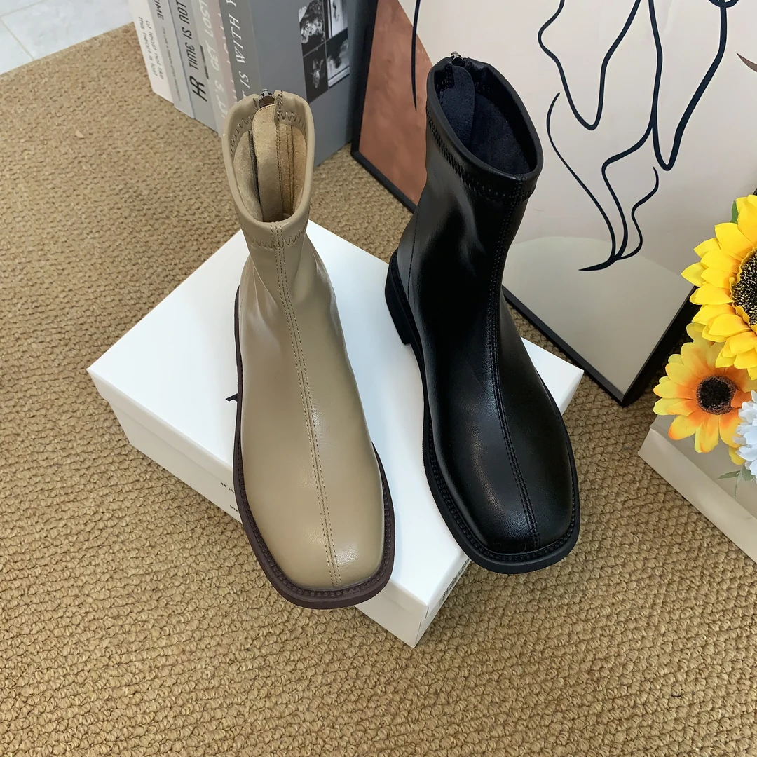 断码捡漏韩系方头短靴女平底2025秋冬新款弹力靴马丁靴瘦瘦靴092