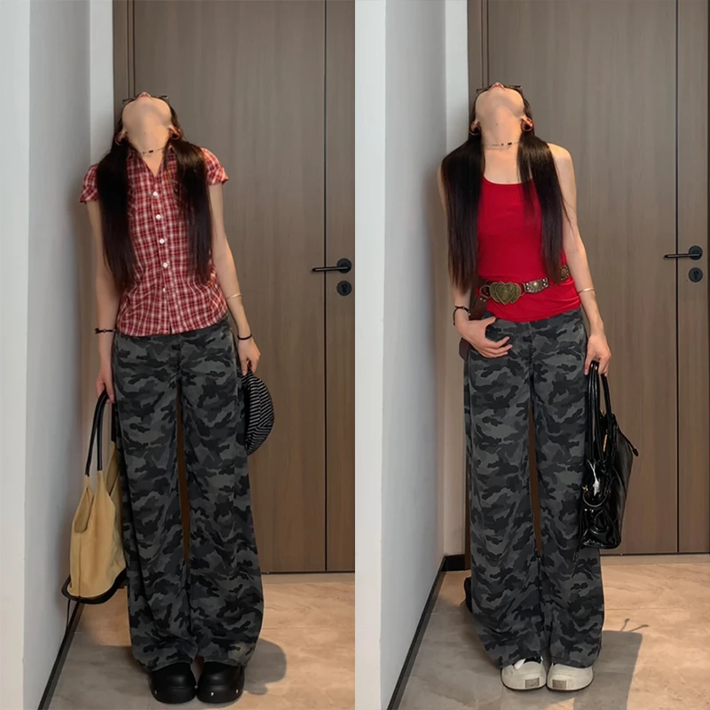 秋季新款美式高街迷彩阔腿女高腰宽松显瘦百搭时髦工装拖地牛仔裤