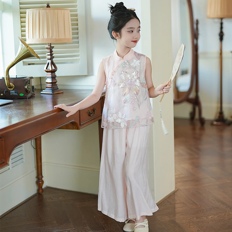 80683【花间集】女童新中式套装2025夏季新款儿童国风阔腿裤两件套