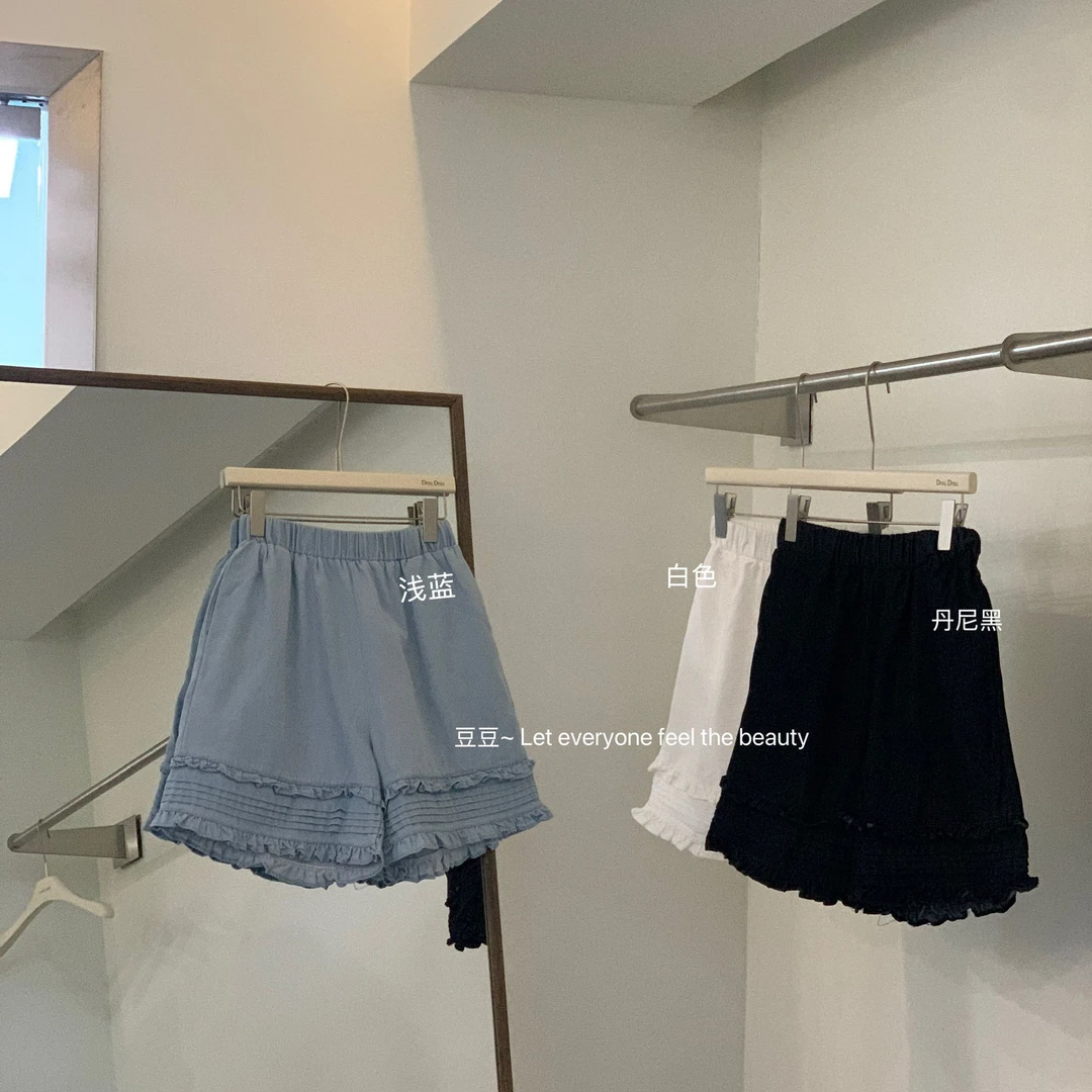 韩系松紧高腰木耳花边阔腿短裤女2025夏季显瘦百搭直筒休闲中裤