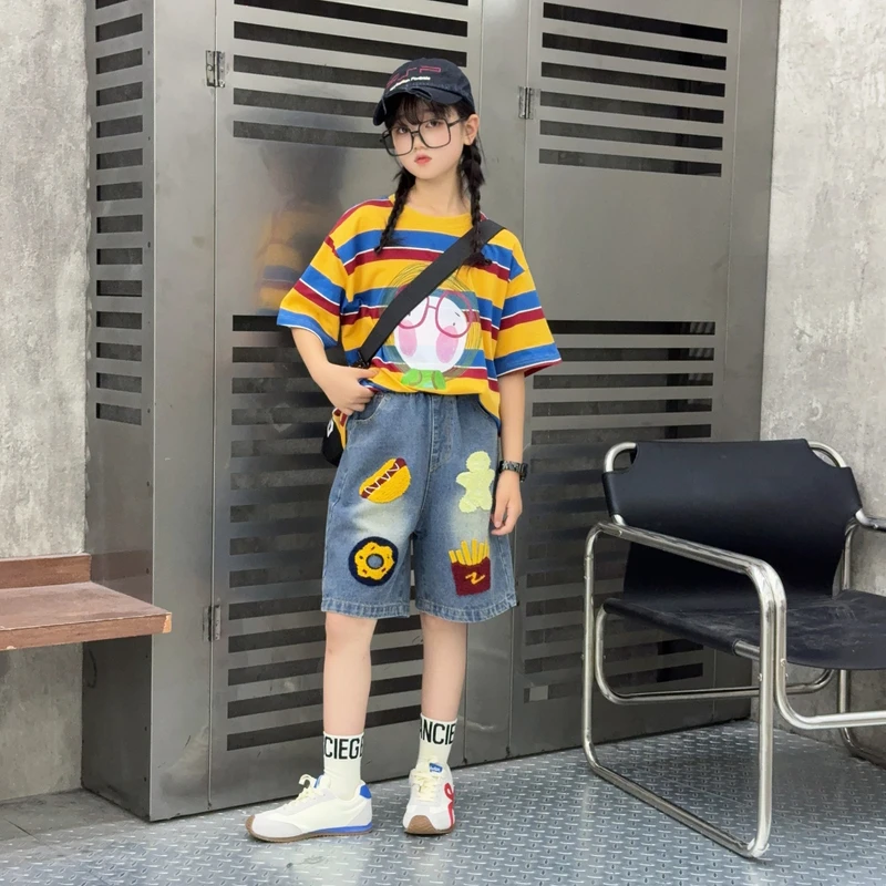 女童夏季套装新款洋气时髦条纹短袖复古毛巾绣宽松牛仔中裤套装