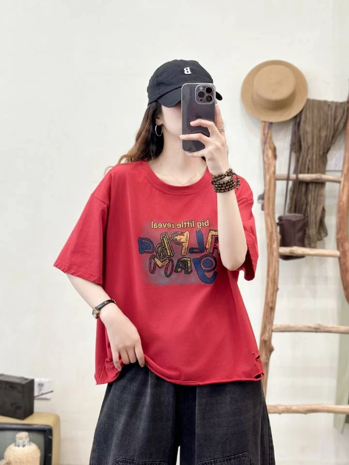 【小破洞】夏季百搭印花时尚休闲宽松潮流重工半袖女5961