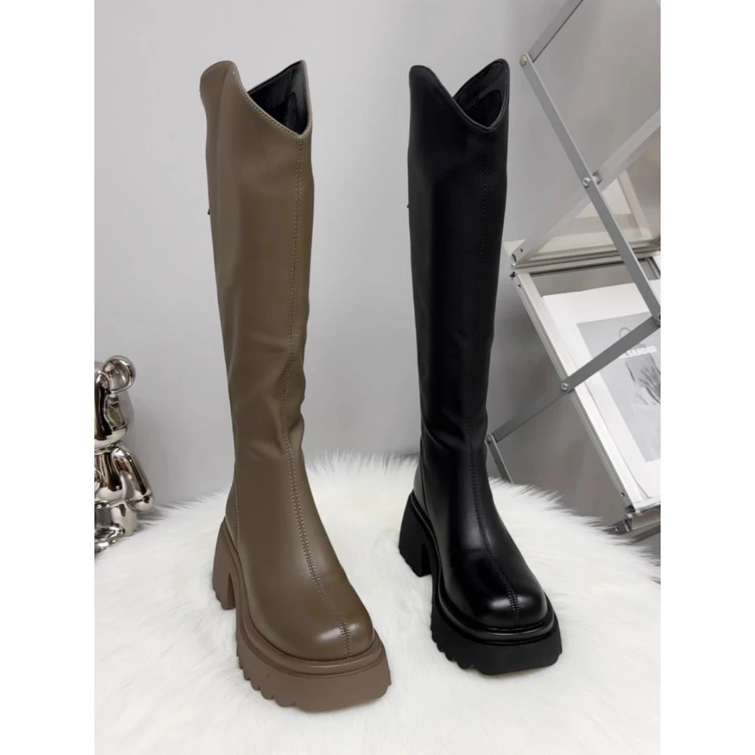 骑士靴女2024年真皮长筒靴马蹄跟高筒女靴增高厚底长靴后拉链皮靴