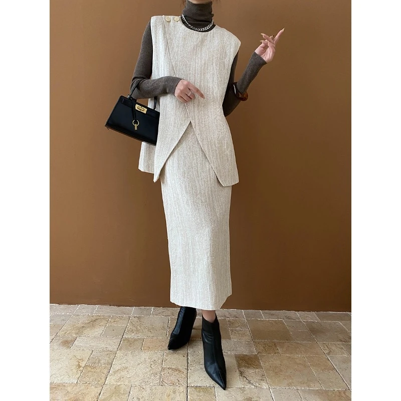 通勤天丝麻肌理感不规则马甲半身裙两件套装时尚气质显瘦