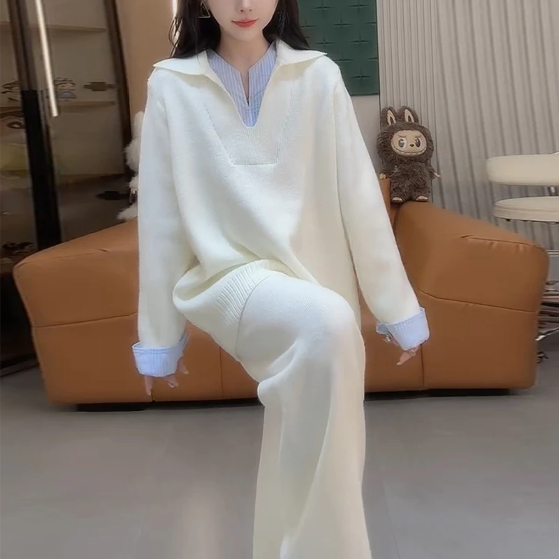 百搭设计感新款2025冬季套装女两件套针织翻领上衣阔腿裤时尚显瘦