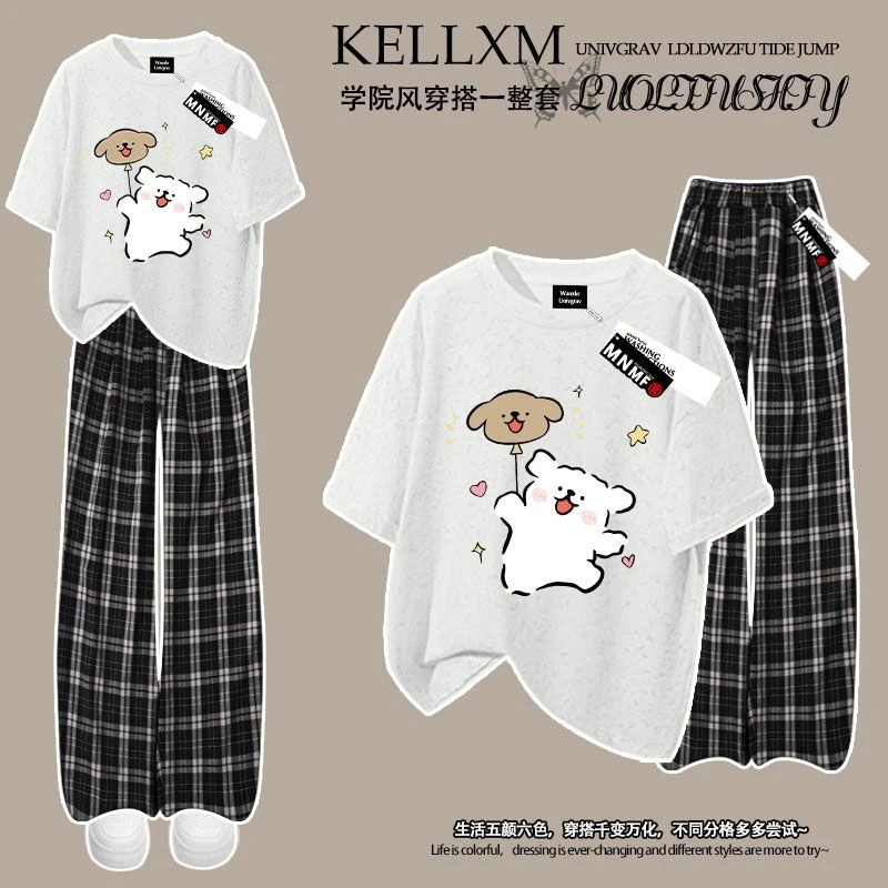 夏装新款男女童套装纯棉扎染短袖T恤格子裤洋气卡通线条小狗印花