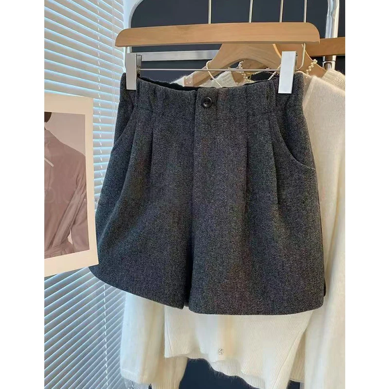 【毛呢折叠短裤】松紧腰气质高腰显瘦阔腿毛呢短裤女春秋冬季新款HH