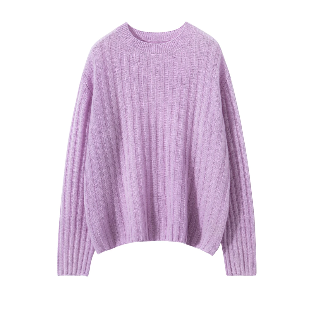 100小山羊绒圆领7针单纱抽条大码套衫