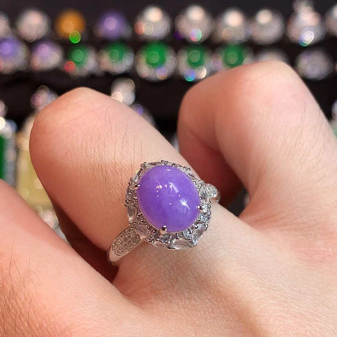 翡翠18K金镶嵌戒指紫罗兰红椿紫蛋面戒指