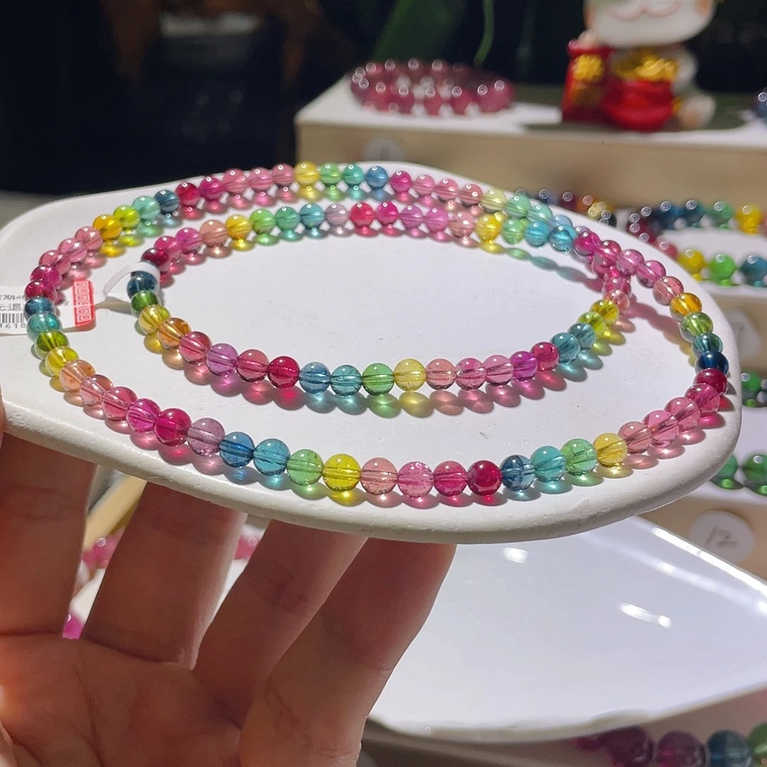 未镶嵌碧玺手链精品三圈艳丽色标高净体5.3左右