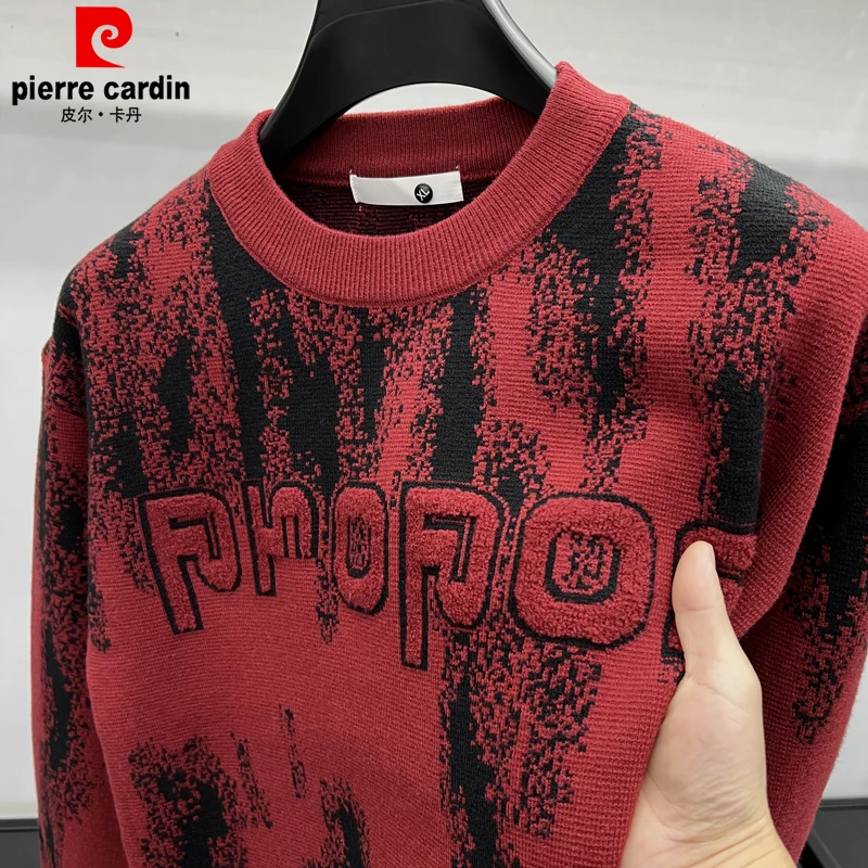 皮尔卡丹男士毛衣新年氛围感针织羊毛衫红色本命年圆领套头打底衫