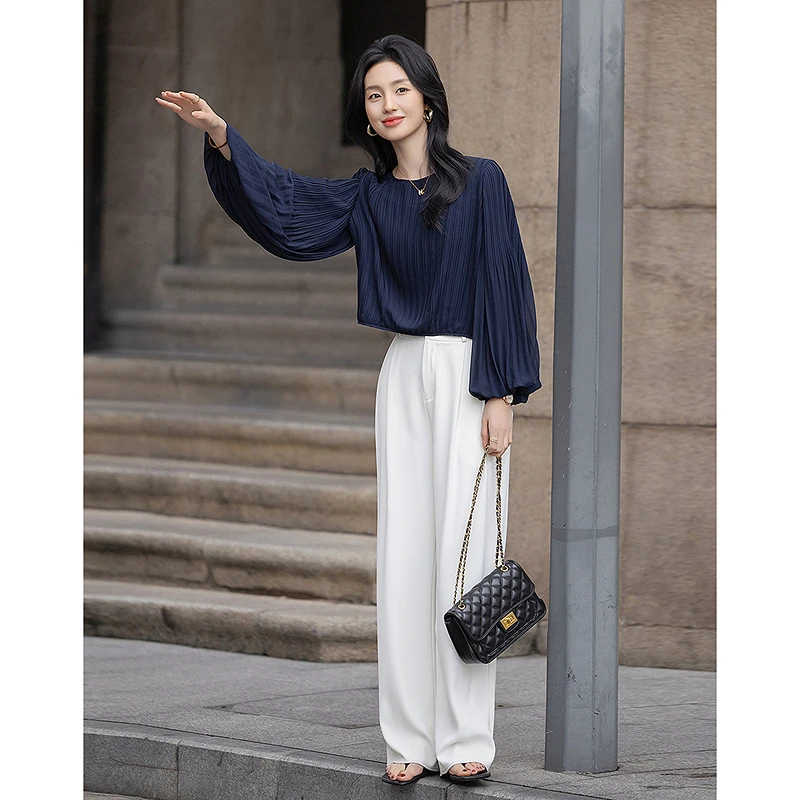 dme德·玛纳春季奶油系颗粒感珠雪纺衬衫灯笼袖淑女衬衣40236