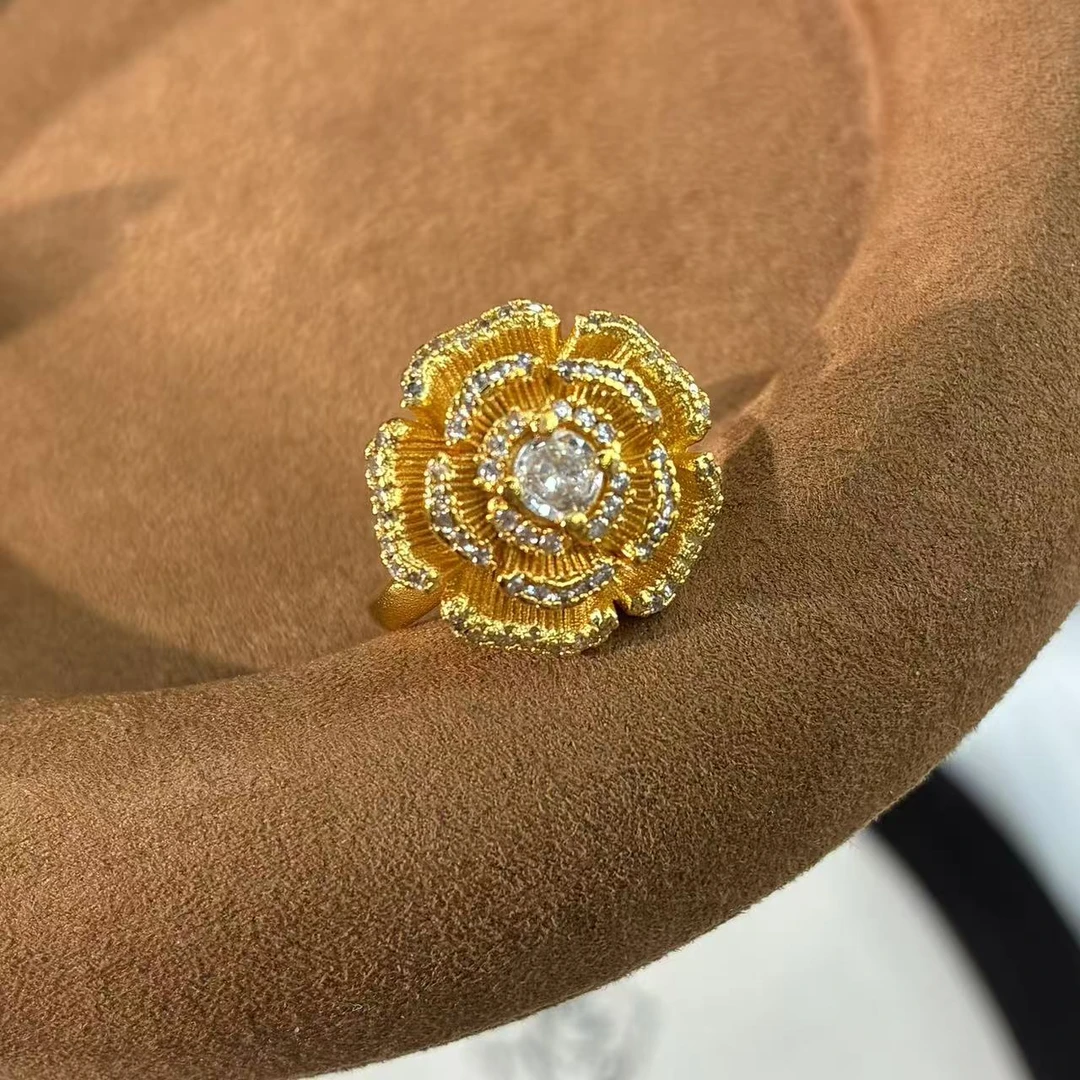 铜合金锆石戒指  远远（YY2125）镀K金开口可转动花朵镶嵌轻奢气质
