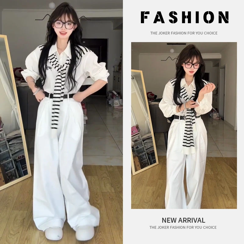 早春一整套女装2025新款韩版简约通勤长袖衬衫显瘦休闲长裤两件套