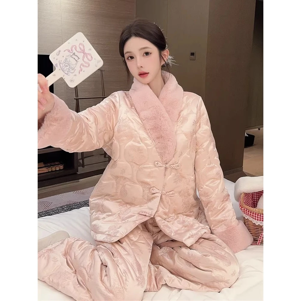 【粉色毛领】新中式加绒加厚珊瑚绒睡衣女冬季新款保暖家居服套装
