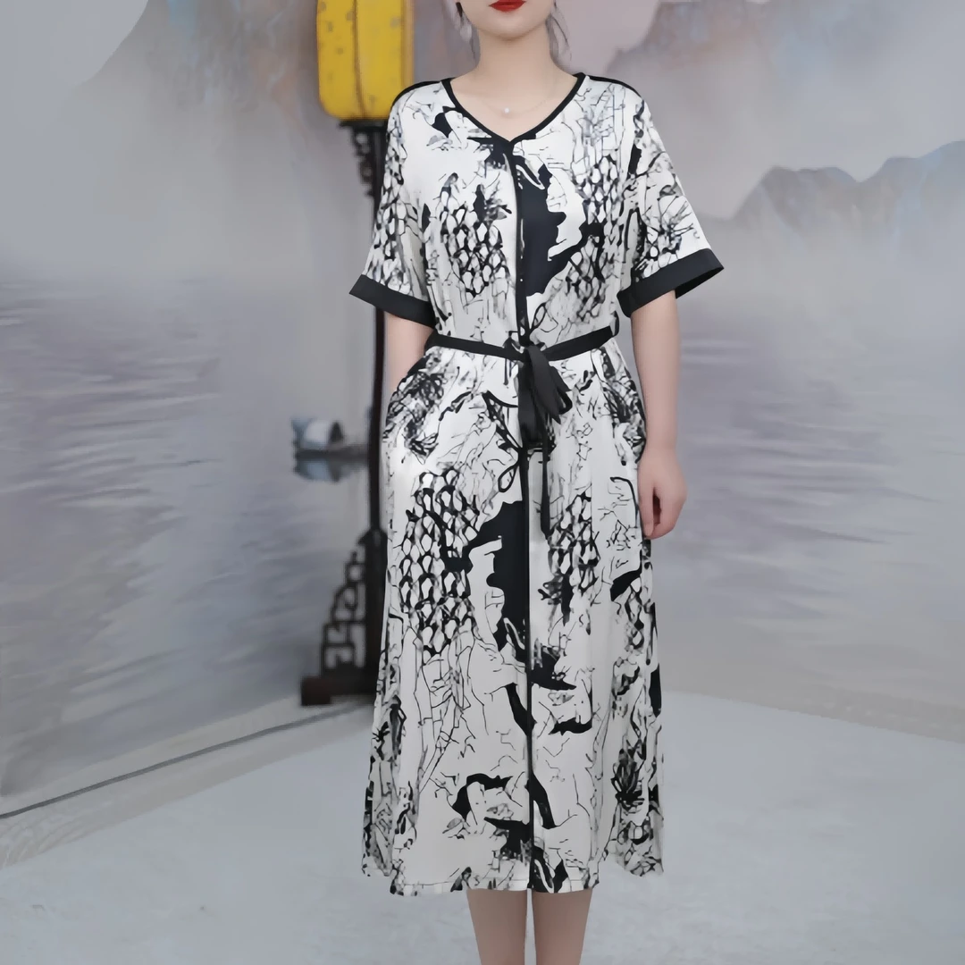 2654国风雅致墨染印花夏季V领气质收腰显瘦系带宽松连衣裙