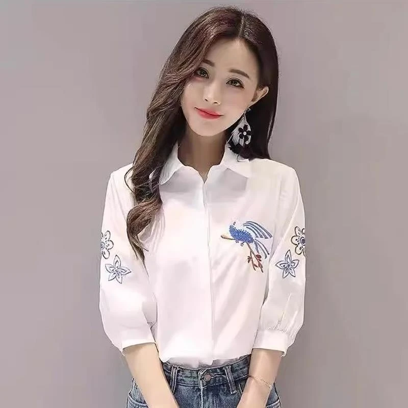 七分袖绣花衬衣女春夏新款欧货宽松休闲上衣显瘦刺绣五分中袖衬衫