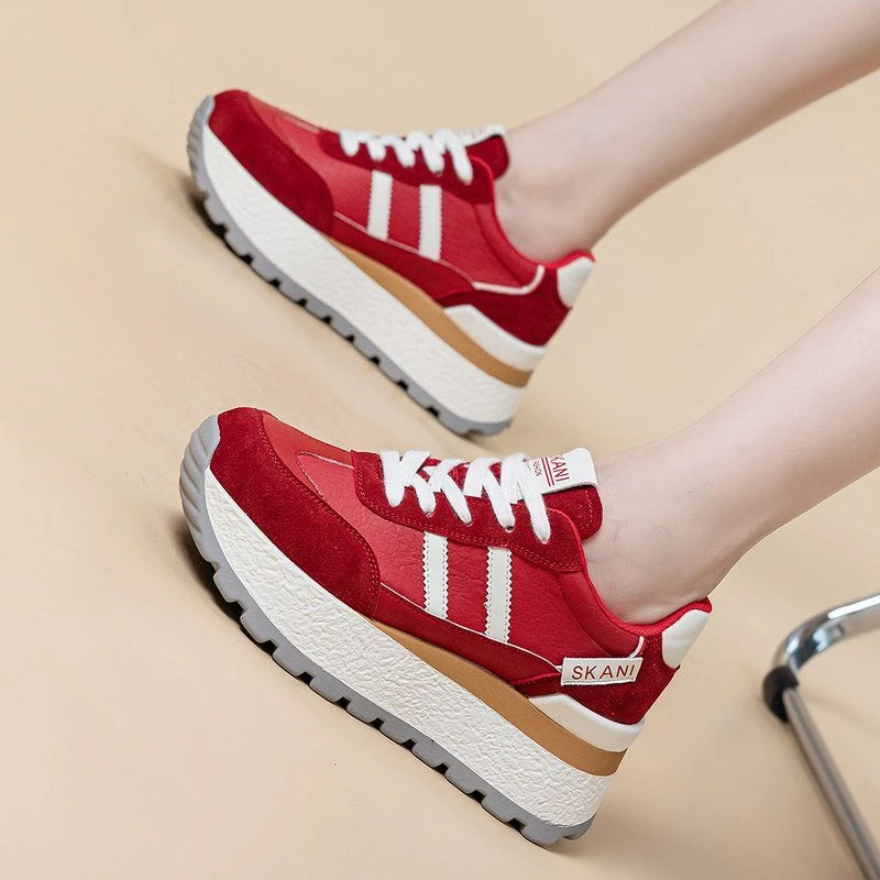 2025秋季新款内增高厚底休闲老爹鞋系带坡跟拼色阿甘鞋学生鞋女