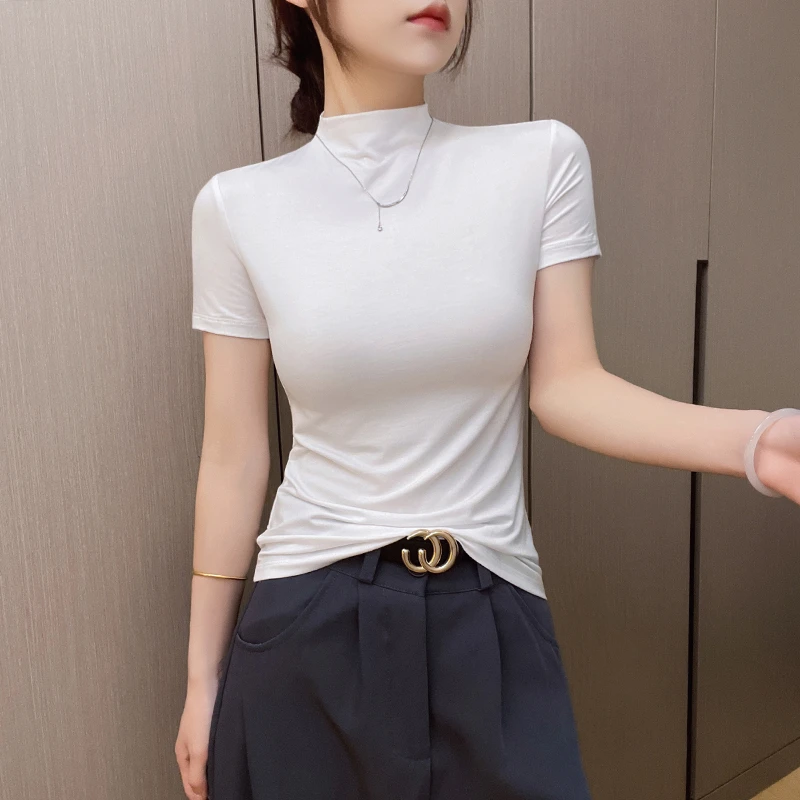 白色半高领薄款打底短袖t恤2025夏季新款小众修身内搭云感女上衣