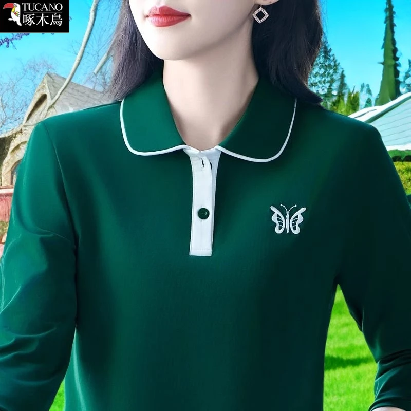 啄木鸟长袖POLO衫撞色翻领T恤2025年新款春秋运动休闲刺绣上衣女